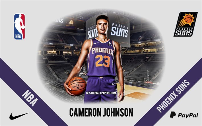 Cameron Johnson, Phoenix Suns, amerikkalainen koripallopelaaja, NBA, muotokuva, USA, koripallo, Phoenix Suns Arena, Phoenix Suns -logo