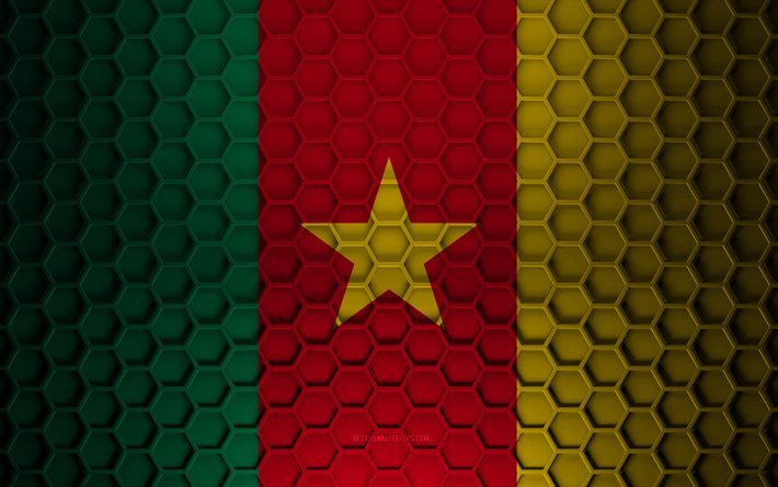 Drapeau du Cameroun, texture des hexagones 3d, Cameroun, texture 3d, drapeau du Cameroun 3d, texture en m&#233;tal, drapeau du Cameroun