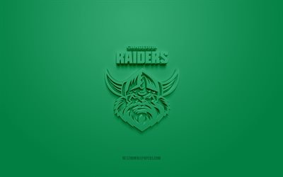 Canberra Raiders, logo 3D cr&#233;atif, fond vert, Ligue nationale de rugby, embl&#232;me 3d, NRL, ligue de rugby australienne, Canberra, Australie, art 3d, rugby, logo Canberra Raiders 3d
