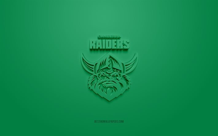Canberra Raiders, logotipo 3D criativo, fundo verde, National Rugby League, emblema 3D, NRL, liga australiana de rugby, Canberra, Austr&#225;lia, arte 3D, rugby, logotipo 3D de Canberra Raiders