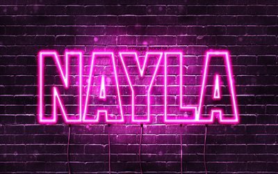 Nayla, 4k, bakgrundsbilder med namn, kvinnliga namn, Nayla namn, lila neonljus, Grattis p&#229; f&#246;delsedagen Nayla, popul&#228;ra arabiska kvinnliga namn, bild med Nayla namn