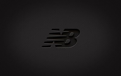 New Balance carbon logo, 4k, grunge art, carbon background, creative, New Balance black logo, fashion brands, New Balance logo, New Balance