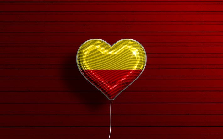 Rakastan Mulheimia, 4k, realistiset ilmapallot, punainen puinen tausta, saksalaiset kaupungit, Mulheimin lippu, Saksa, ilmapallo lipulla, Mulheim, Mulheimin p&#228;iv&#228;