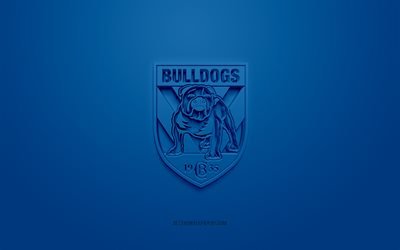 カンタベリーブルドッグ, クリエイティブな3Dロゴ, 青い背景, ナショナルラグビーリーグ, 3Dエンブレム, NRL, オーストラリアのラグビーリーグ, ベルモア, オーストラリア, 3Dアート, ラグビー, カンタベリーブルドッグスの3Dロゴ
