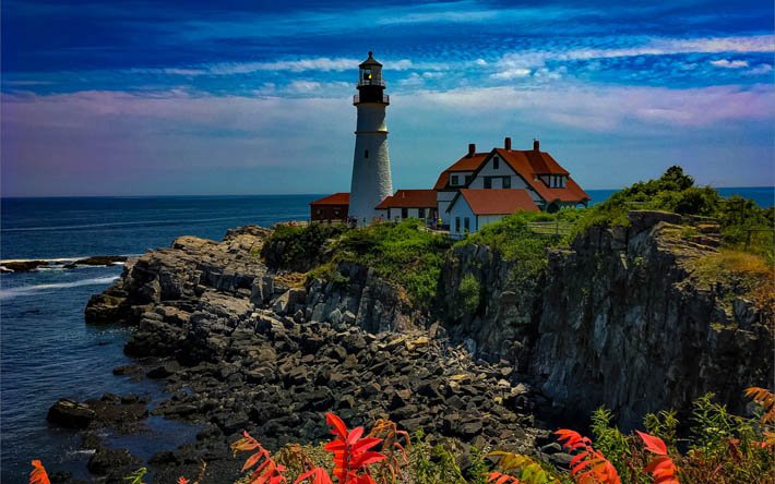 Portland Head Light, majakka, Cape Elizabeth, Mainenlahti, rannikko, Pohjois-Atlantin valtameri, merimaisema, USA