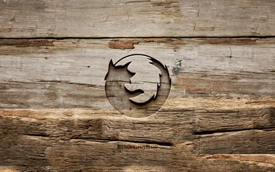 Logotipo da Mozilla em madeira, 4K, planos de fundo em madeira, marcas, logotipo da Mozilla, criativo, escultura em madeira, Mozilla