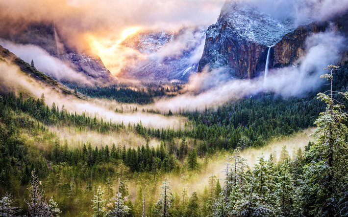 Vale de Yosemite, cachoeira, paisagem de montanha, inverno, vale, Parque Nacional de Yosemite, marcos americanos, nevoeiro, bela natureza, Sierra Nevada, EUA, América