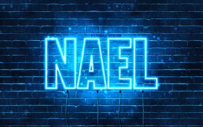 Nael, 4k, pap&#233;is de parede com nomes, nome de Nael, luzes de n&#233;on azuis, Happy Birthday Nael, nomes masculinos &#225;rabes populares, foto com o nome de Nael