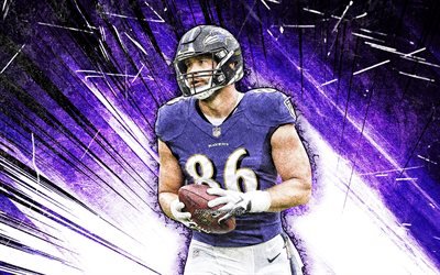 4k, Nick Boyle, grunge-taide, Baltimore Ravens, amerikkalainen jalkapallo, tiukka p&#228;&#228;, NFL, National Football League, violetit abstraktit s&#228;teet, Nick Boyle Baltimore Ravens, Nick Boyle 4K