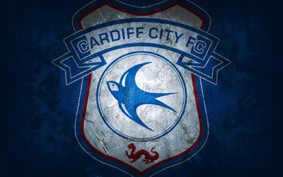 Cardiff City FC, time de futebol do Pa&#237;s de Gales, fundo azul, logotipo AFC Bournemouth, arte grunge, EFL Championship, Cardiff, futebol, Pa&#237;s de Gales, emblema do Cardiff City FC