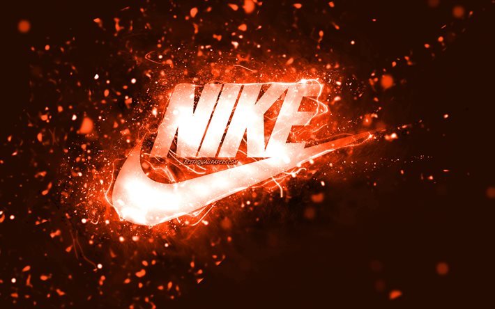 Nike orange logotyp, 4k, orange neonljus, kreativ, orange abstrakt bakgrund, Nike-logotyp, modem&#228;rken, Nike
