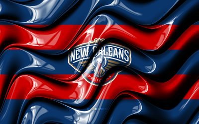 Bandeira New Orleans Pelicans, 4k, ondas 3D azuis e vermelhas, NBA, time americano de basquete, logotipo do New Orleans Pelicans, basquete, New Orleans Pelicans