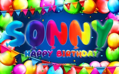 Hyv&#228;&#228; syntym&#228;p&#228;iv&#228;&#228; Sonny, 4k, v&#228;rik&#228;s ilmapallokehys, Sonny-nimi, sininen tausta, Sonny Happy Birthday, Sonny-syntym&#228;p&#228;iv&#228;, suosittuja amerikkalaisia miesten nimi&#228;, syntym&#228;p&#228;iv&#228;ko