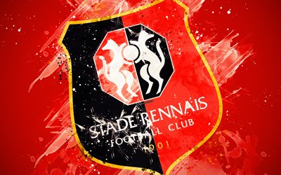1 Stade Rennais&#39;ten FC, 4k, boya, sanat, yaratıcı, Fransız futbol takımı, logo, İzle, amblemi, kırmızı arka plan, grunge tarzı, Rennes, Fransa, futbol