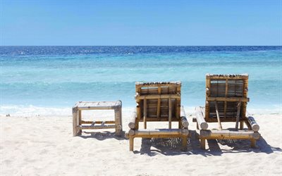 tropical island, beach, beach chairs from bamboo, sand, ocean, waves, tourism, summer vacation