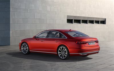 Audi A8, 2019, vis&#227;o traseira, limousine vermelho, classe executiva, vermelho novo A8, Carros alem&#227;es, Audi