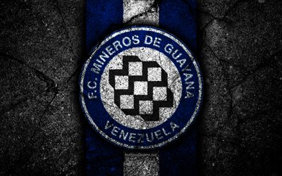 4k, FC Mineros, logo, Lig FutVe, siyah taş, futbol, Venezuela, Lig, Futbol Kul&#252;b&#252;, Mineros, yaratıcı, asfalt doku, Mineros FC