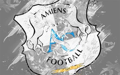 Amiens SC, 4k, paint taidetta, luova, Ranskan jalkapallojoukkue, logo, League 1, tunnus, harmaa tausta, grunge-tyyliin, Amiens, Ranska, jalkapallo, Amiens FC