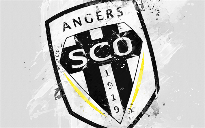 Angers SCO, 4k, pintura, arte, creativo, f&#250;tbol franc&#233;s, el logotipo, la Ligue 1, el emblema, fondo blanco, estilo grunge, Angers, Francia, f&#250;tbol