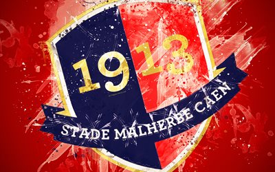 Stade Malherbe Caen, 4k, pintura, arte, creativo, f&#250;tbol franc&#233;s, el logotipo, la Ligue 1, el emblema, fondo rojo, estilo grunge, Caen, Francia, f&#250;tbol, Caen FC