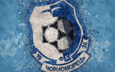 FC Chornomorets Odesa, 4k, ロゴ, 幾何学的な美術, ウクライナのサッカークラブ, 青色の背景, エンブレム, ウクライナプレミアリーグ, オデッサ, ウクライナ, サッカー