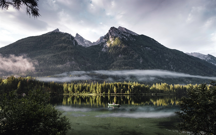 Hintersee, mountain lake, morning, fog, forest, mountain landscape, Bavaria, Germany