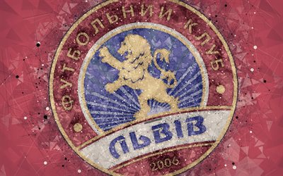 FC Lviv, 4k, logo, geometric art, Ukrainian football club, burgundy background, emblem, Ukrainian Premier League, Lviv, Ukraine, football