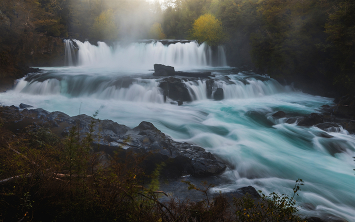 beautiful waterfall, morning, mountain river, sunrise, fog, autumn, forest