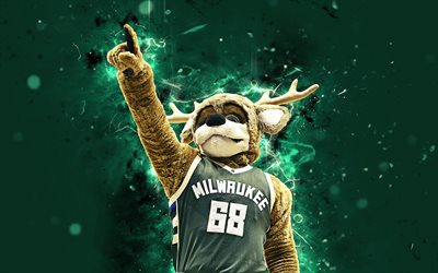Bango Buck, 4k, maskot, Milwaukee Bucks, basketbol, soyut sanat, NBA, neon ışıkları, yaratıcı, ABD, Milwaukee Bucks maskotu, Ulusal Basketbol Birliği NBA maskotları, resmi maskotu