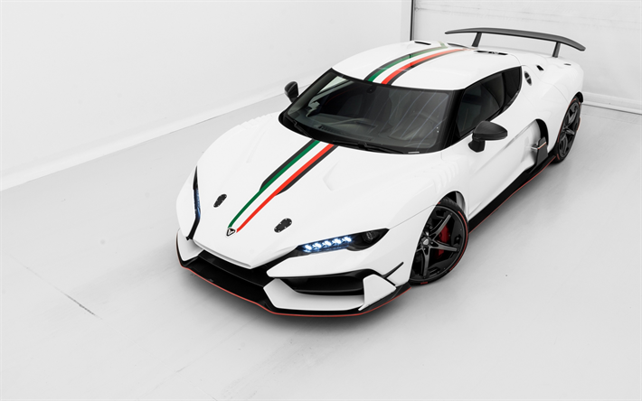 Italdesign Zerouno, 2018, イタリアのスポーツカー, フロントビュー, 外観, 白色スポーツクーペ, イタリア国旗, Italdesign肢