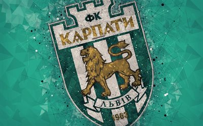 FC Karpaty Lviv, 4k, logotyp, geometriska art, Ukrainska football club, gr&#246;n bakgrund, emblem, Ukrainska Premier League, Lviv, Ukraina, fotboll