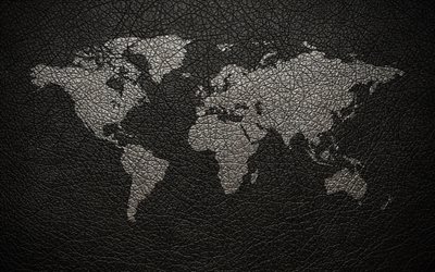 World map on black leather, Earth, creative, world map concepts, leather texture