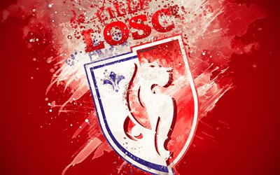 Lille OSC, 4k, paint art, creative, French football team, logo, Ligue 1, emblem, red background, grunge style, Lille, France, football