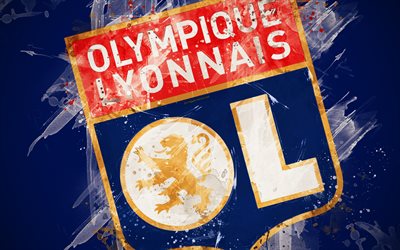 O Olympique Lyonnais, 4k, a arte de pintura, criativo, Time de futebol franc&#234;s, logo, Liga 1, emblema, fundo azul, o estilo grunge, Lyon, Fran&#231;a, futebol