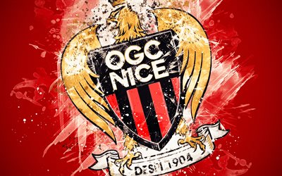 L&#39;OGC Nice, 4k, peinture d&#39;art, de cr&#233;ation, de france de football de l&#39;&#233;quipe, logo, Ligue 1, l&#39;embl&#232;me, le fond rouge, style grunge, Lyon, France, le football, le FC Nice