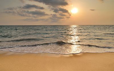 seascape, sunset, kv&#228;ll, havet, v&#229;gor, beach, sommar