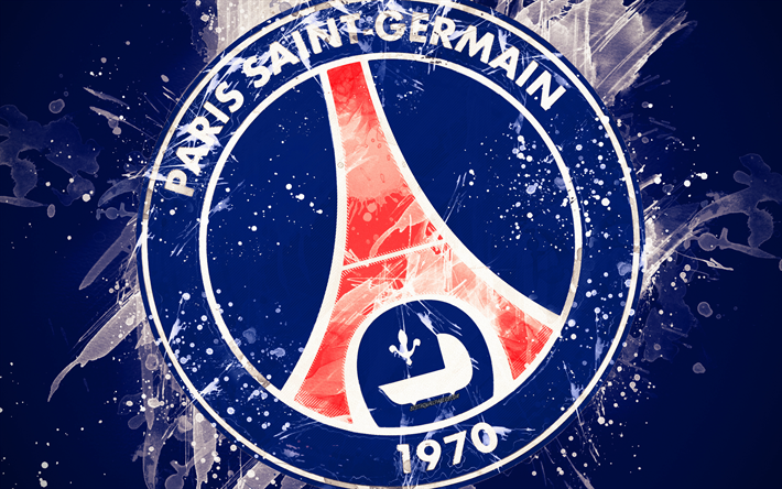 PSG FC, Paris Saint-Germain FC, 4k, vernice, arte, creativo, squadra di calcio francese, logo, Ligue 1, stemma, sfondo blu, grunge, stile, Parigi, Francia, il calcio