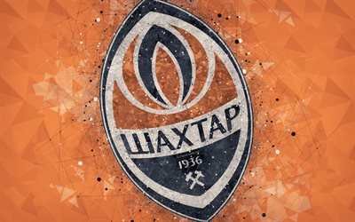 O FC Shakhtar Donetsk, 4k, logo, arte geom&#233;trica, O futebol ucraniano clube, fundo laranja, emblema, Premier League Ucraniana, Donetsk, Ucr&#226;nia, futebol