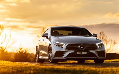 Mercedes-Benz CLS, 2018, 4k, vista de frente, plata limusina, plata nueva CLS, 4MATIC, AMG Line, Mercedes