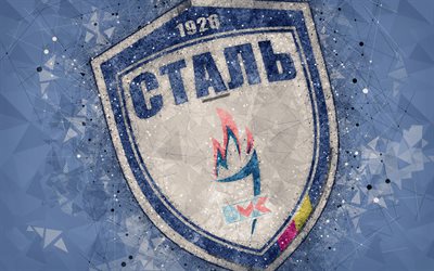 FC Stal Kamianske, 4k, el logotipo, el arte geom&#233;trico, ucraniano club de f&#250;tbol, de fondo azul, con el emblema de ucrania de la Premier League, Kamianske, Ucrania, f&#250;tbol