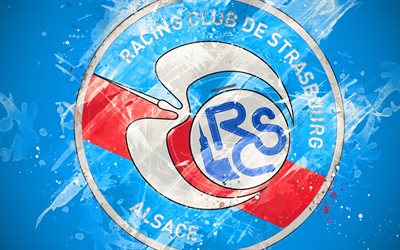 RC Strasburgo, Alsazia, 4k, vernice, arte, creativo, squadra di calcio francese, logo, Ligue 1, stemma, sfondo blu, grunge, stile, Strasburgo, Francia, calcio, Strasburgo FC