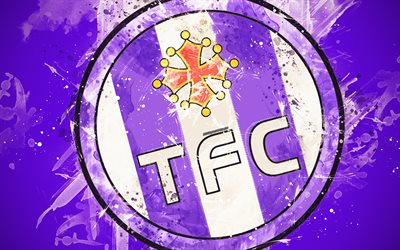 Toulouse FC, 4k, paint taidetta, luova, Ranskan jalkapallojoukkue, logo, League 1, tunnus, violetti tausta, grunge-tyyliin, Toulouse, Ranska, jalkapallo