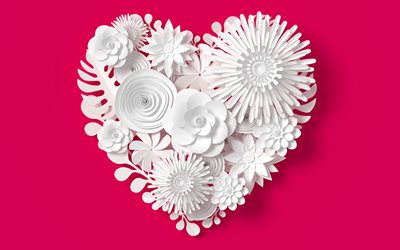 coeur blanc, origami, papier, fleurs, coeur blanc sur un fond rose, coeur de fleurs