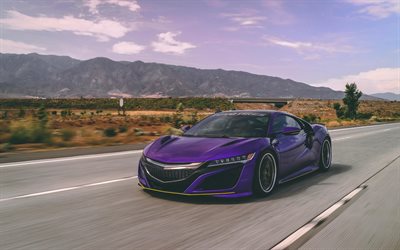 4k, Acura NSX, route, 2018 voitures, violet NSX, voitures de sport, tuning, Acura, tunned NSX