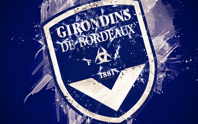 FC Girondins Bordeaux, 4k, paint taidetta, luova, Ranskan jalkapallojoukkue, logo, League 1, tunnus, sininen tausta, grunge-tyyliin, Bordeaux, Ranska, jalkapallo, Bordeaux FC