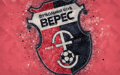 NK Veres Rivne, 4k, el logotipo, el arte geom&#233;trico, ucraniano club de f&#250;tbol, de fondo rojo, con el emblema de ucrania de la Premier League, Rivne, Ucrania, f&#250;tbol