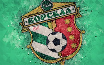 FC Vorskla بولتافا, 4k, شعار, الهندسية الفنية, الأوكراني لكرة القدم, خلفية خضراء, الدوري الأوكراني الممتاز, بولتافا, أوكرانيا, كرة القدم