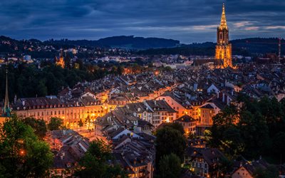 Bern Minster, 4k, nightscapes, Bern Cathedral, Bern, Switzerland, Europe