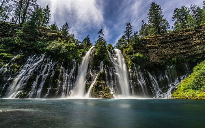 la cascada, el lago, las rocas, el verano, el bosque, hermosa cascada, Oregon, estados UNIDOS, Am&#233;rica del Norte