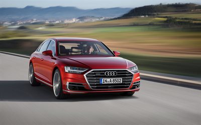 Audi A8, 2019, 4k, vista de frente, exterior, rojo nuevo A8, sed&#225;n alem&#225;n de coches de lujo, la clase de negocios, Audi